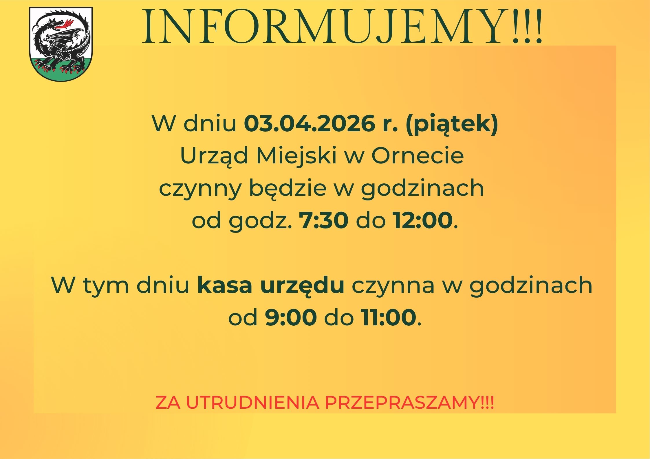 Informacja o skróceniu pracy urzędu
